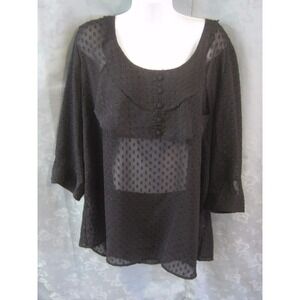 Avenue Sheer Blouse Size 22 / 24 Black Textured Polka Dot Ruffled Top